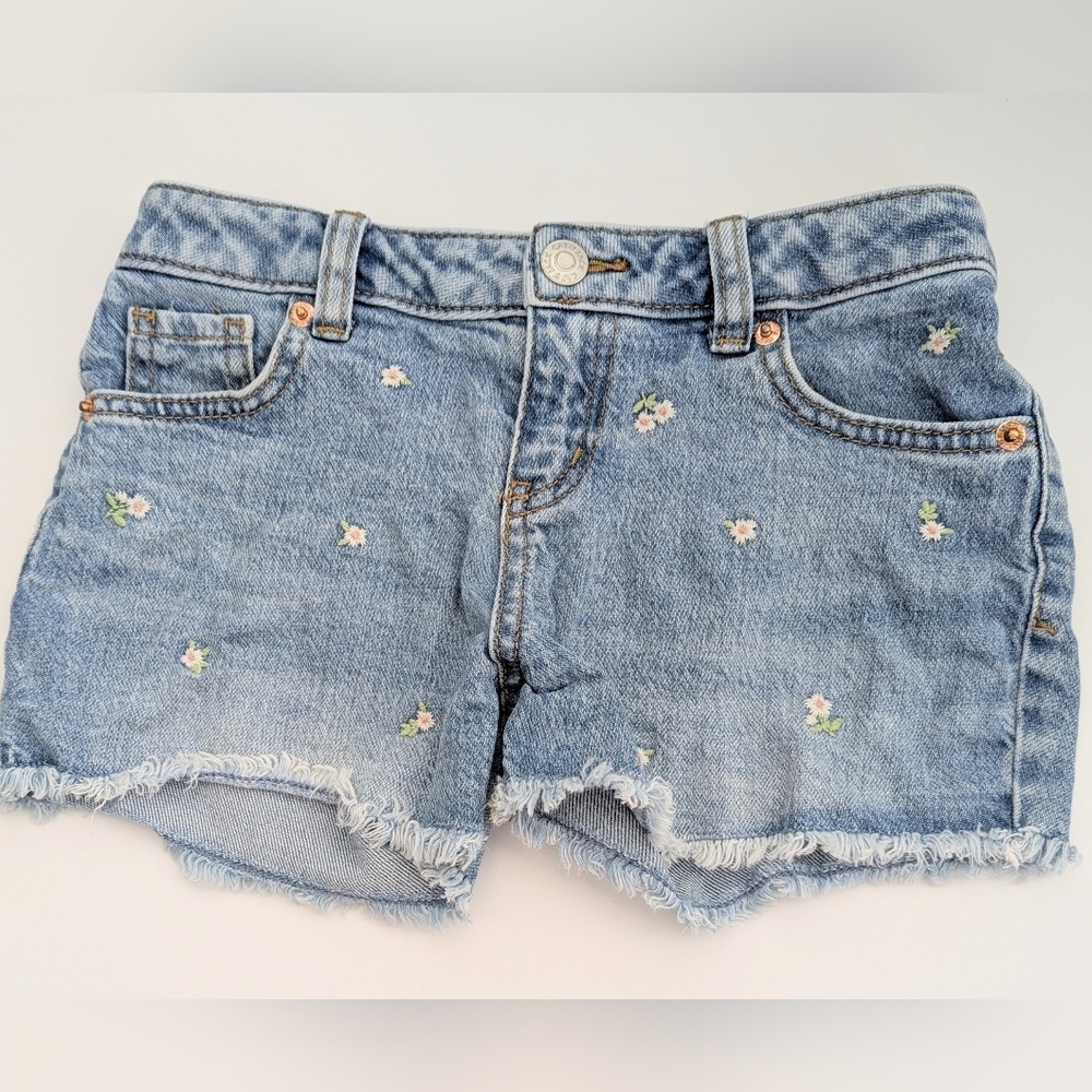 Kids' Jean/Denim Shorts w/Frayed Hems, Embroidered Daisies, Adjustable Waist